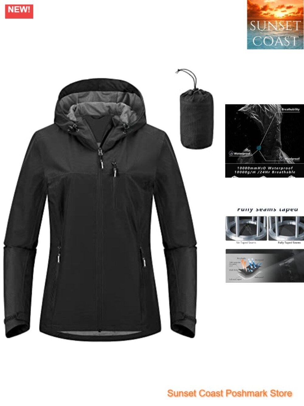 Waterproof Packable Rain Jacket Hooded Breathable Ultralight